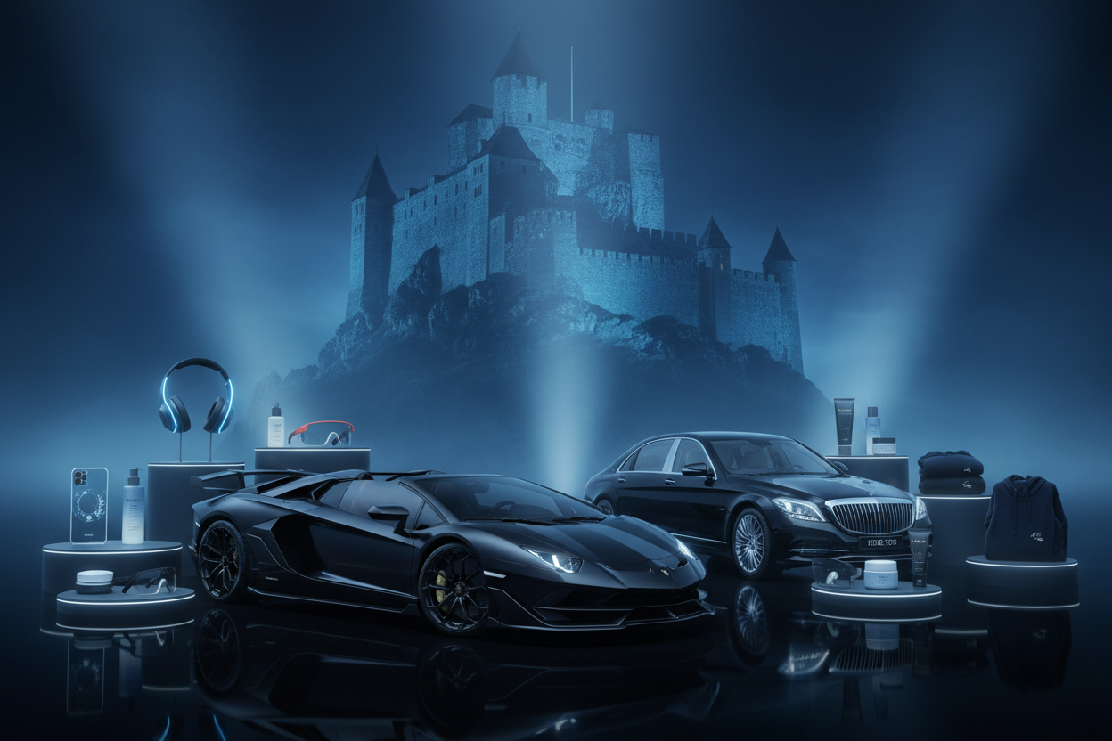 In the background, I want a big old castle cast light is blue and on the front of the castle, black Lamborghini and one black Maybach luxury, teach skin care, beauty and hoodies