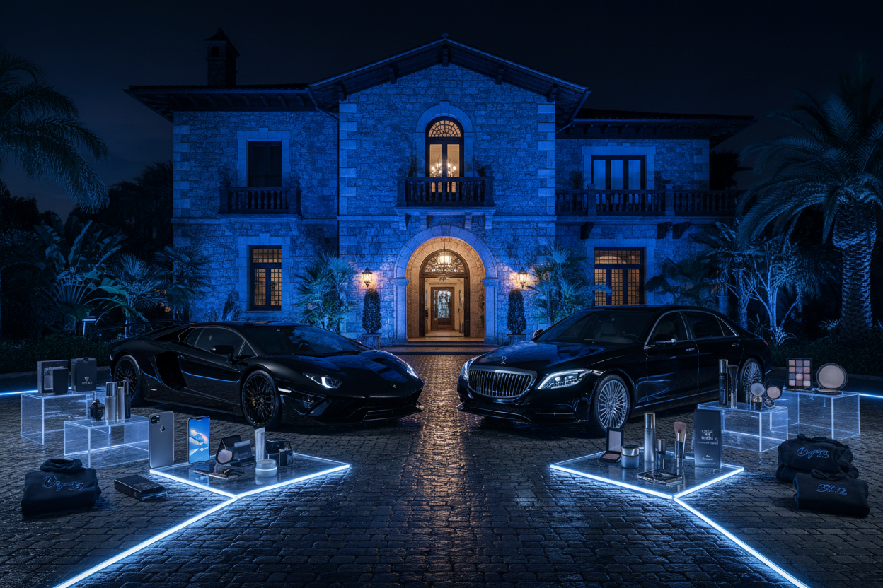  the bat in background I want a old Casa in black light is like a blue on front of the cashier. I want like a one black Lamborghini and one black Maybach luxury, teach skin care, beauty and hoodies.